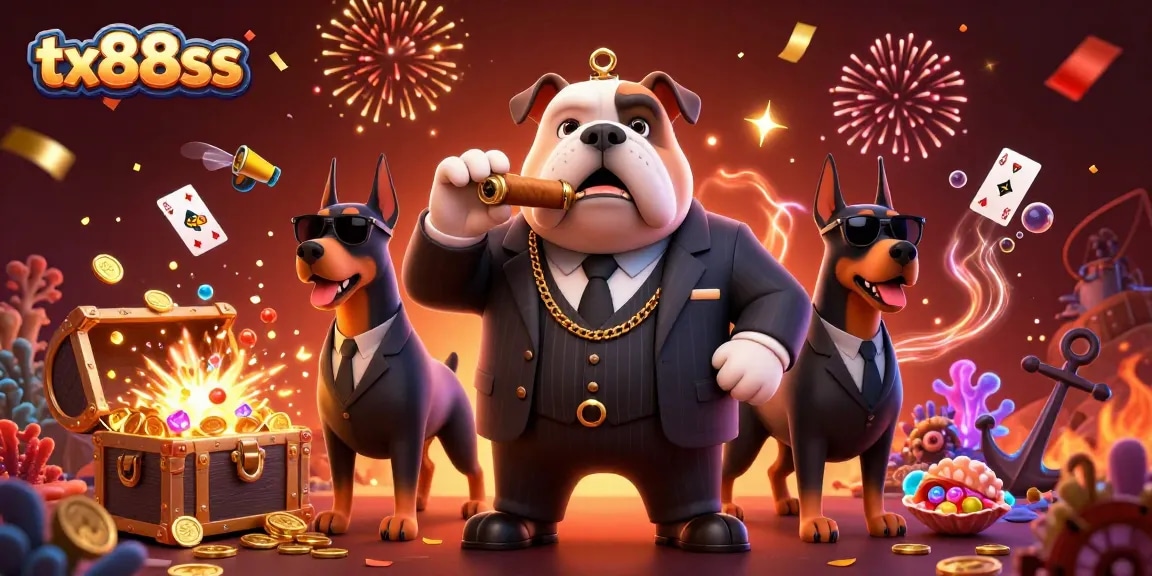 Engage with the thrilling world of tx88ss casino adventures featuring a mafia bulldog surrounded by treasure and excitement.
