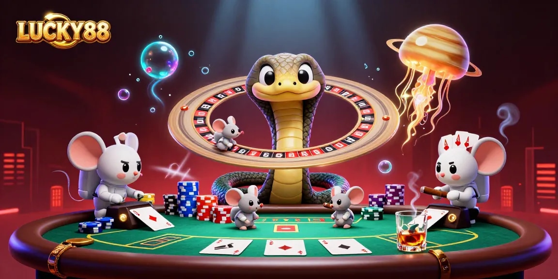 LUCKY88 players engaging in a cosmic casino adventure with roulette, poker chips, and vibrant energy.