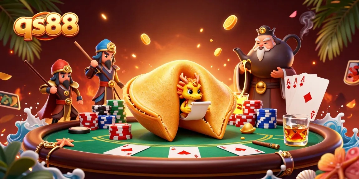 Play thrilling games at qs88 with a vibrant illustration featuring gold, poker chips, and legendary characters.