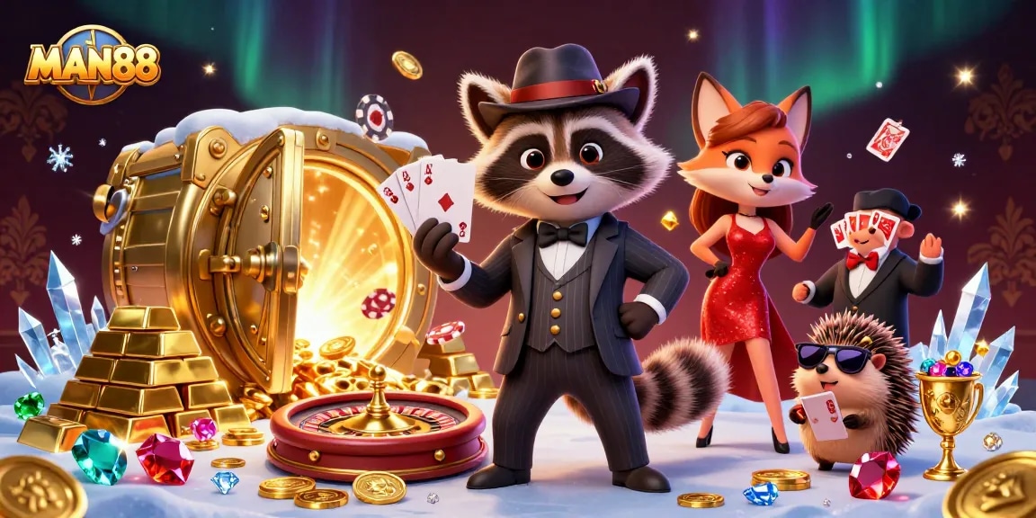Increase your chances with MAN88's vibrant casino gaming scene featuring engaging characters and dynamic elements.