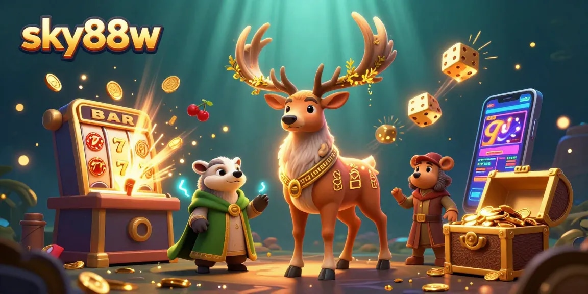Experience thrilling gameplay with sky88w's vibrant casino scene showcasing slots, jackpots, and magical creatures.