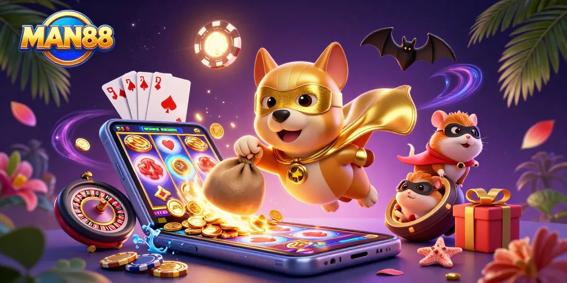 Engage with MAN88's gaming excitement alongside a superhero dog and sidekick in a dynamic casino scene.