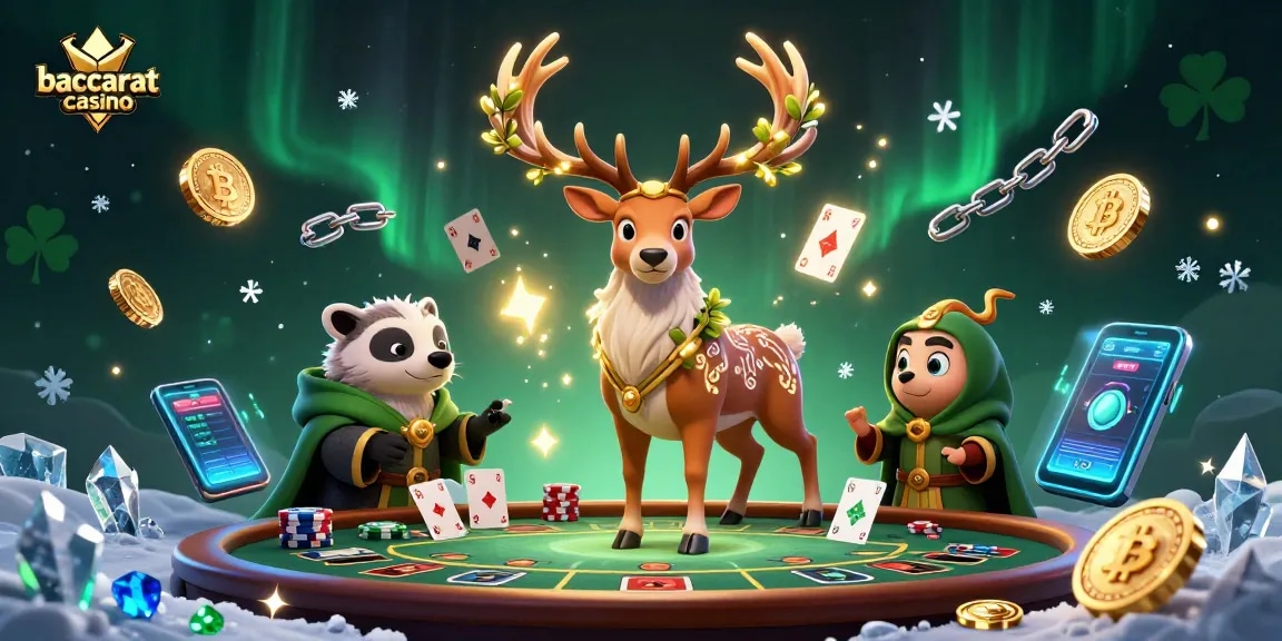 Engage with the baccarat casino experience featuring a Celtic stag and badger amid vibrant game elements.