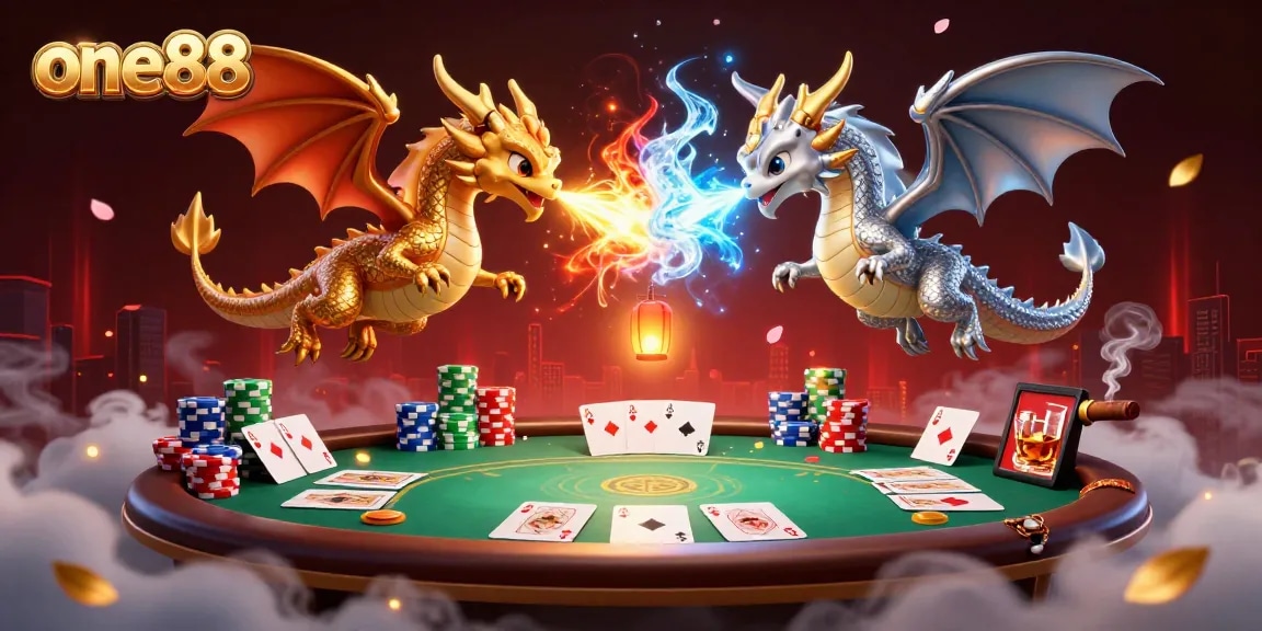 Engage in thrilling poker action at one88 with dynamic dragons and cards in a mystical setting.