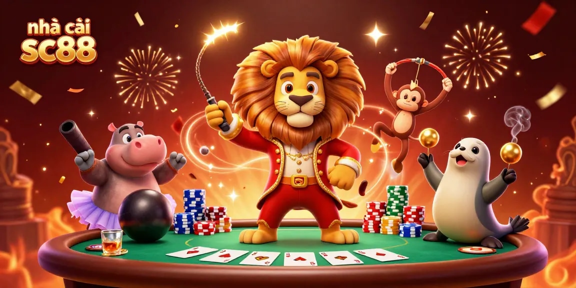 Engage with the vibrant world of nhà cái sc88 as colorful circus characters play poker amidst dazzling casino elements.