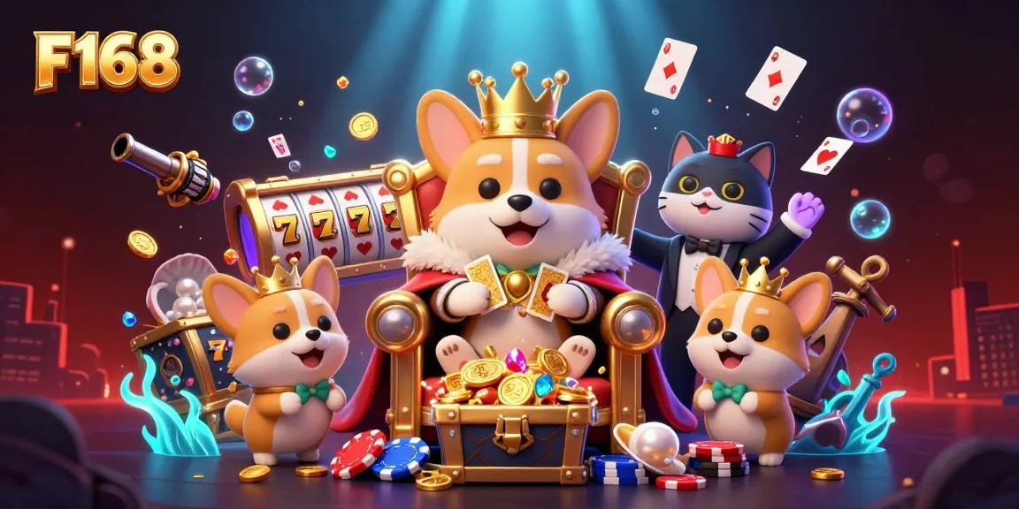 Win big at F168 with colorful slots, poker chips, and playful corgis in an engaging casino scene.