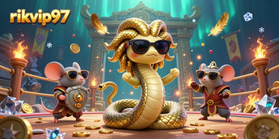 Play exciting games on rikvip97 with a lively illustration featuring Medusa and a warrior mouse.