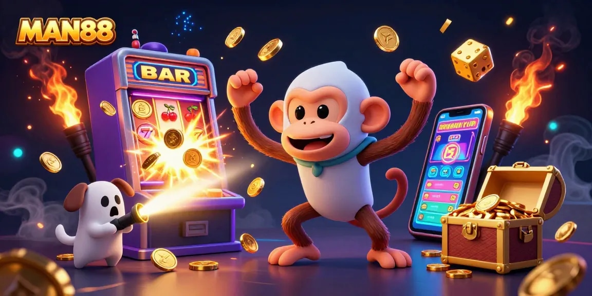 Experience thrill with MAN88 as the poltergeist monkey juggles gold in a dynamic casino scene.