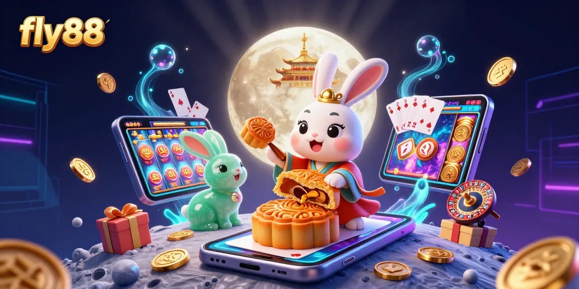 Engage in thrilling gaming at fly88 with a vibrant lunar scene showcasing traditional folklore characters amidst dynamic casino elements.