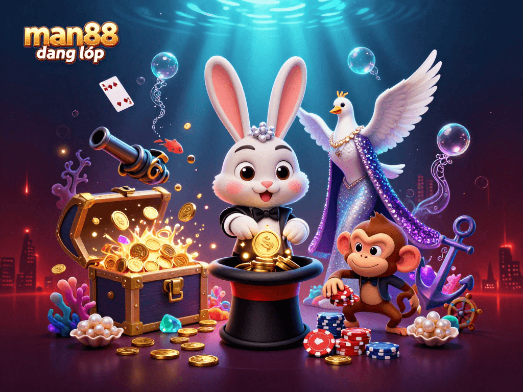 Experience winning magic at man88 đăng nhập with a dynamic 3D casino illustration featuring exciting characters and gems.