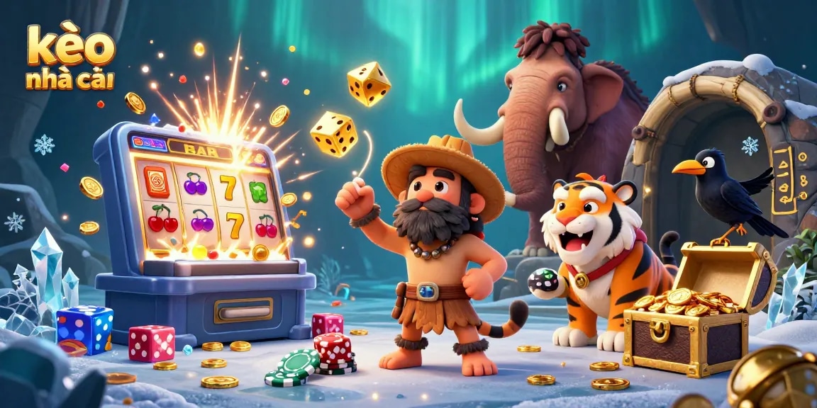 Engage in exciting slots at kèo nhà cái featuring cavemen and a sabertooth tiger.