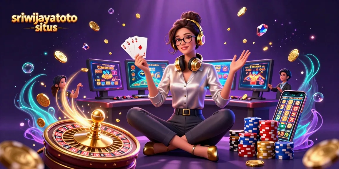 Sriwijayatoto situs showcases an elegant woman gaming at a high-tech casino setup filled with vibrant elements.