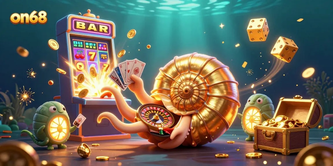 Experience exciting wins at on68 with a dazzling scene of a giant nautilus roulette and vibrant casino elements.