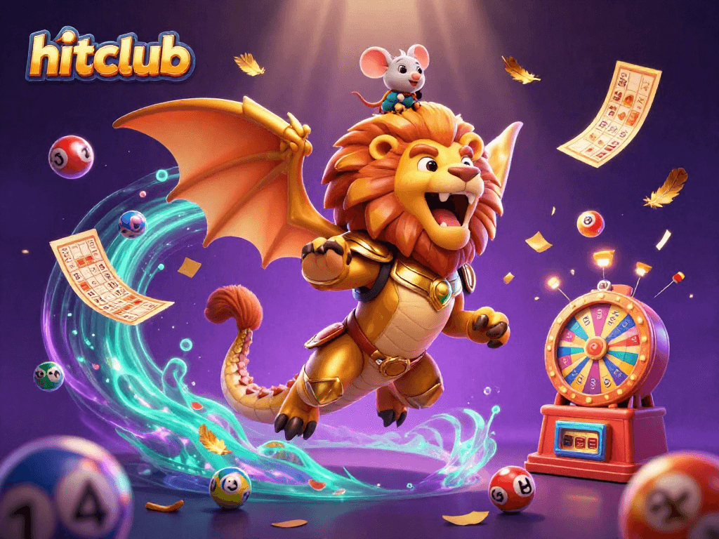 Join the thrill of hitclub with a triumphant chimera and a brave mouse jockey amidst colorful lottery balls.