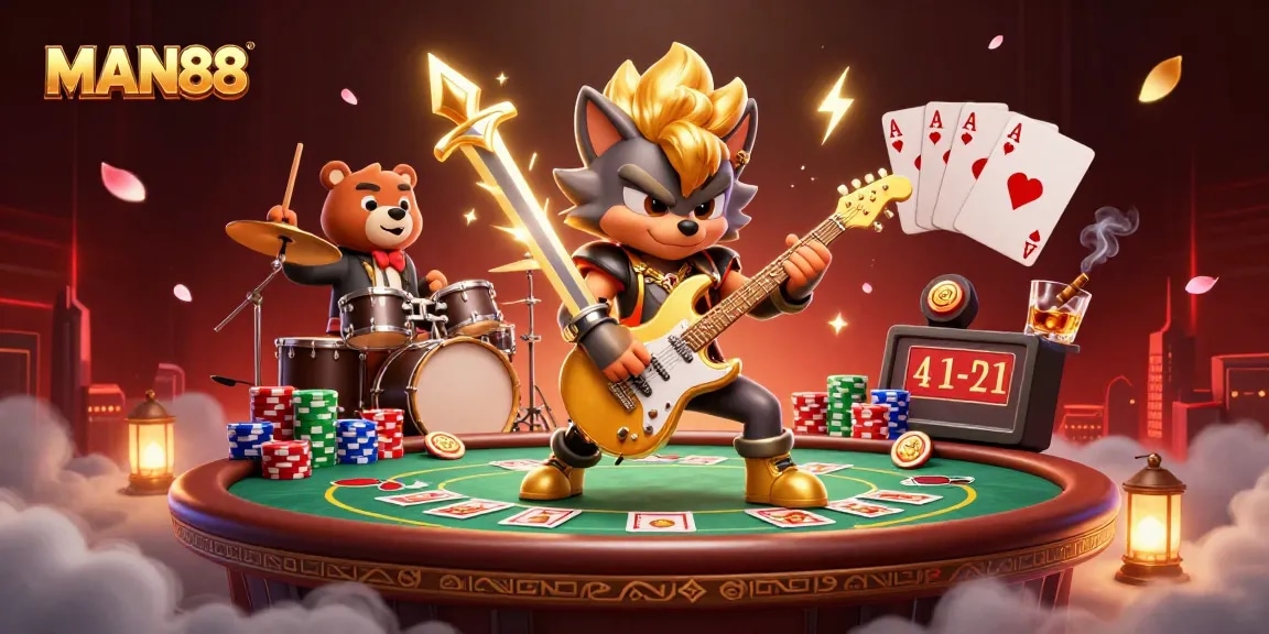 Experience high-stakes gaming at MAN88 with a vibrant casino showdown featuring dynamic characters.