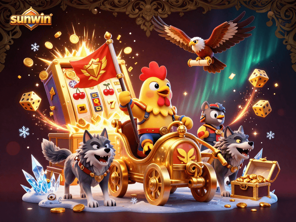 Sunwin casino scene illustrating a rooster warlord on a chariot amidst a jackpot explosion!