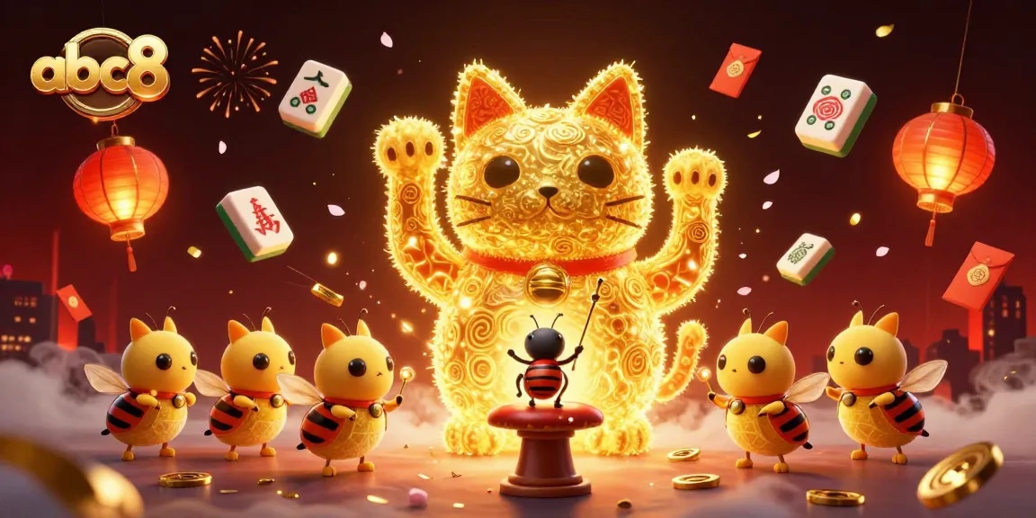 Engage with the exciting abc8 casino world as golden fireflies form a lucky cat surrounded by festive elements.