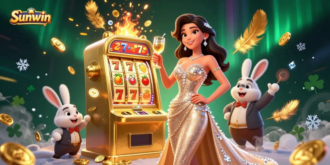 Experience thrilling wins at Sunwin, featuring a glamorous casino scene with a jackpot slot machine.