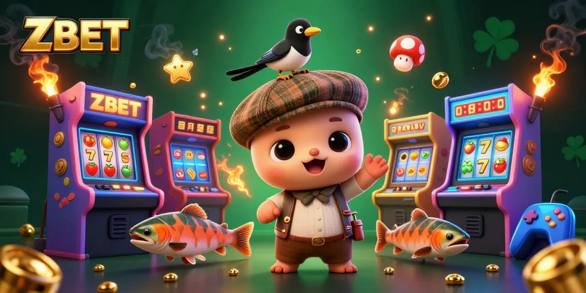 ZBET brings thrilling online gaming with an engaging scene featuring dynamic slot elements and playful characters.