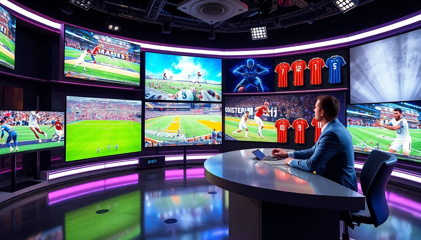 Engaging sports broadcasting studio scene with professionals discussing live events.