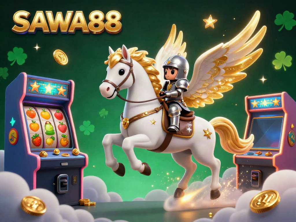 Experience SAWA888's thrilling visuals featuring a celestial horse and knight amidst slots and arcade excitement.