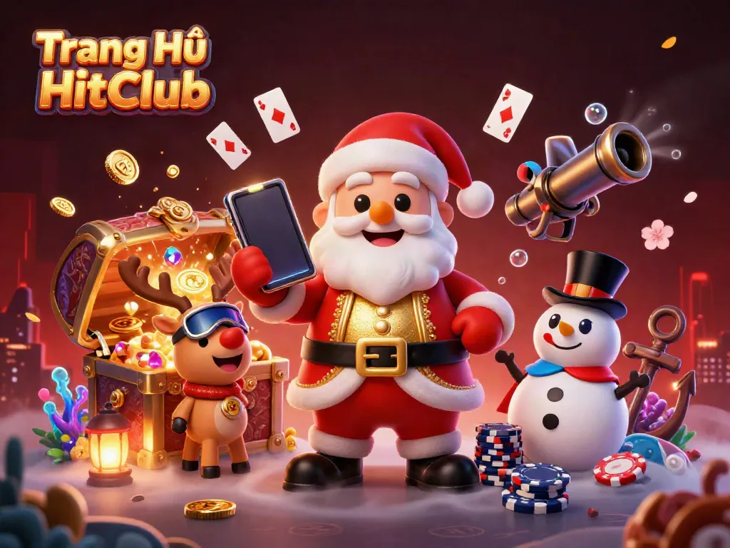 Experience the excitement at Trang Chủ HitClub with festive casino characters celebrating wins and jackpots in a dynamic scene.