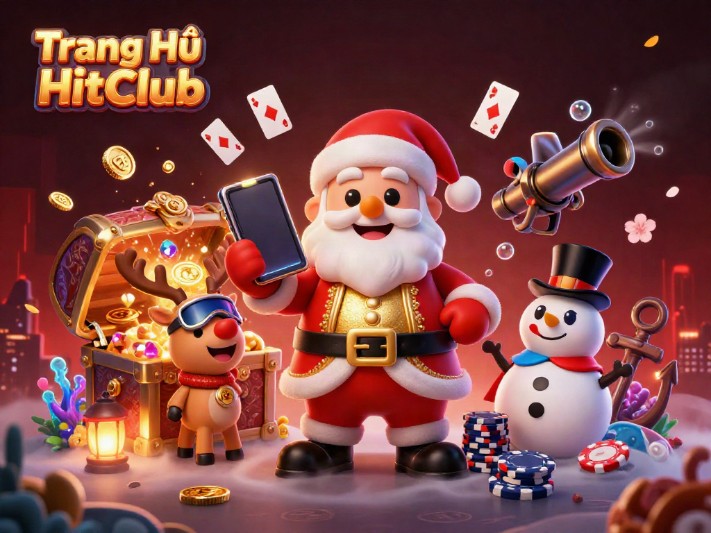 Experience the excitement at Trang Chủ HitClub with festive casino characters celebrating wins and jackpots in a dynamic scene.