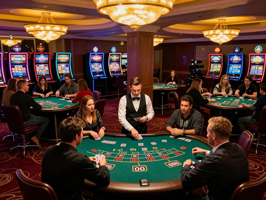 Players enjoying a thrilling game of blackjack at SAOBET's elegant casino with dynamic deals and warm atmosphere