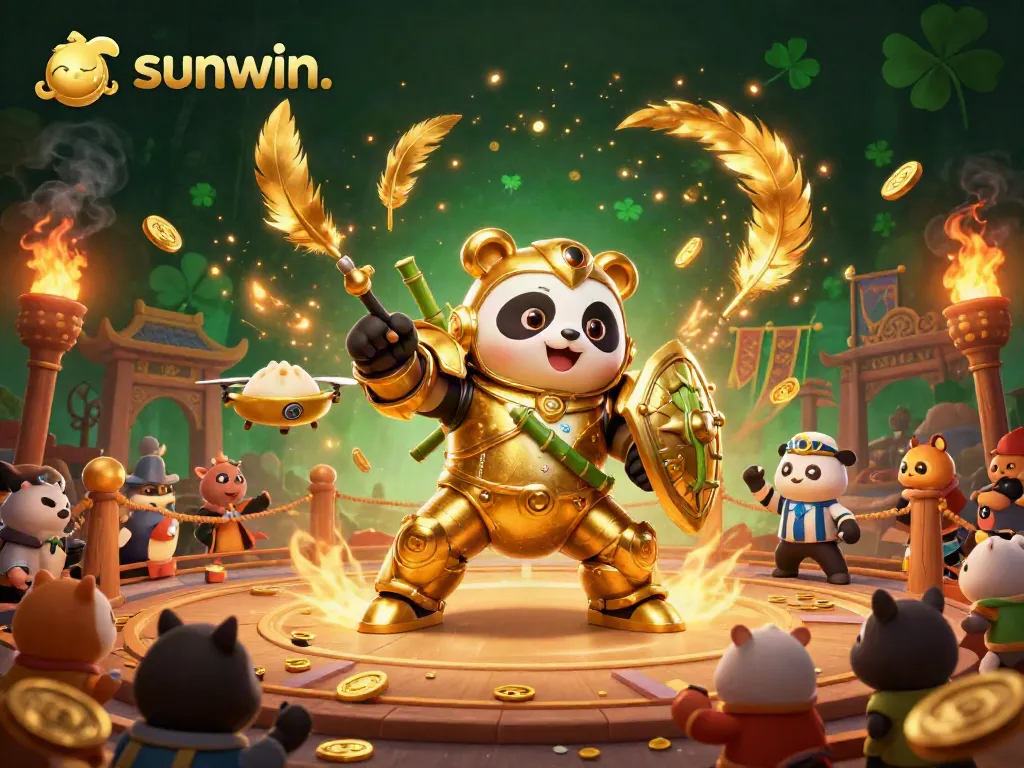 Engage in thrilling gameplay at sunwin. with a lively arena filled with cheering characters and gold-flecked particles.