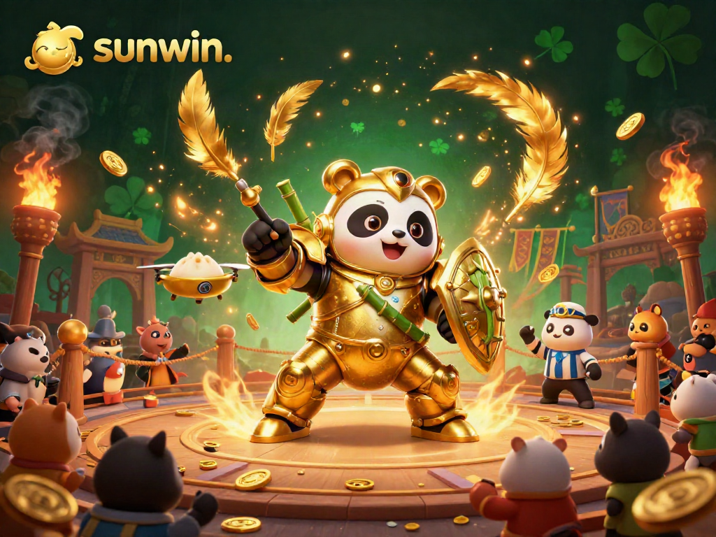 Engage in thrilling gameplay at sunwin. with a lively arena filled with cheering characters and gold-flecked particles.