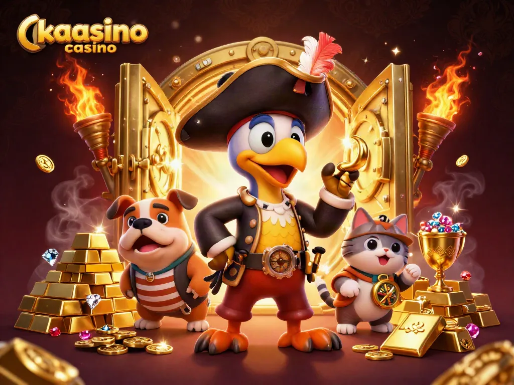 Kaasino casino showcases an adventurous scene with pirate-themed gaming excitement, featuring colorful characters and treasure.