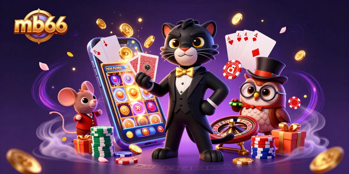 Place bets with mb66 while a stylish panther deals cards, creating a lively casino scene.