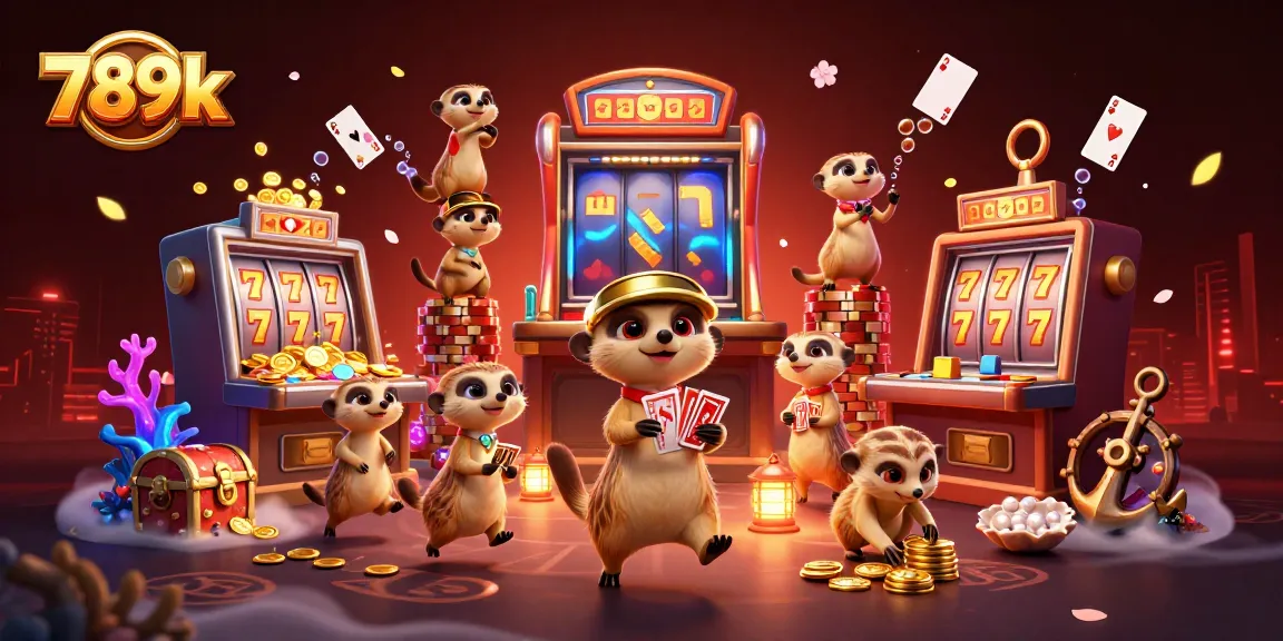Experience the dynamic 789k casino scene with meerkats managing slots and treasures in vibrant detail.
