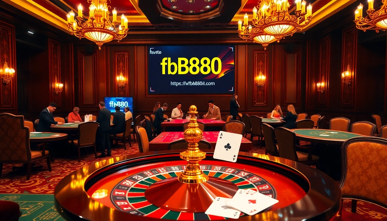A dynamic casino scene featuring the gaming excitement linked to https://fb888.it.com/, with poker chips and a spinning roulette wheel.