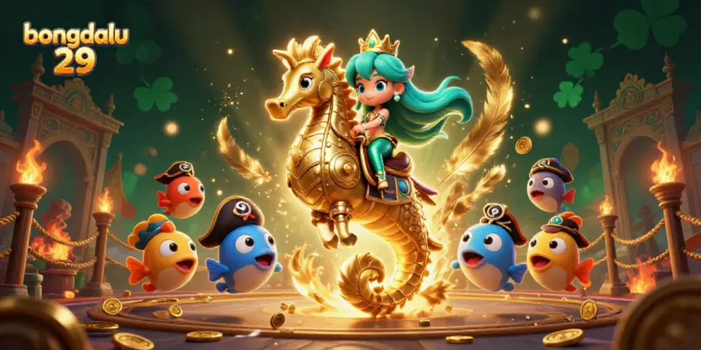 Bongdalu 29 showcases a colorful underwater scene with a mermaid princess and a giant seahorse amidst golden coins and piggybacks
