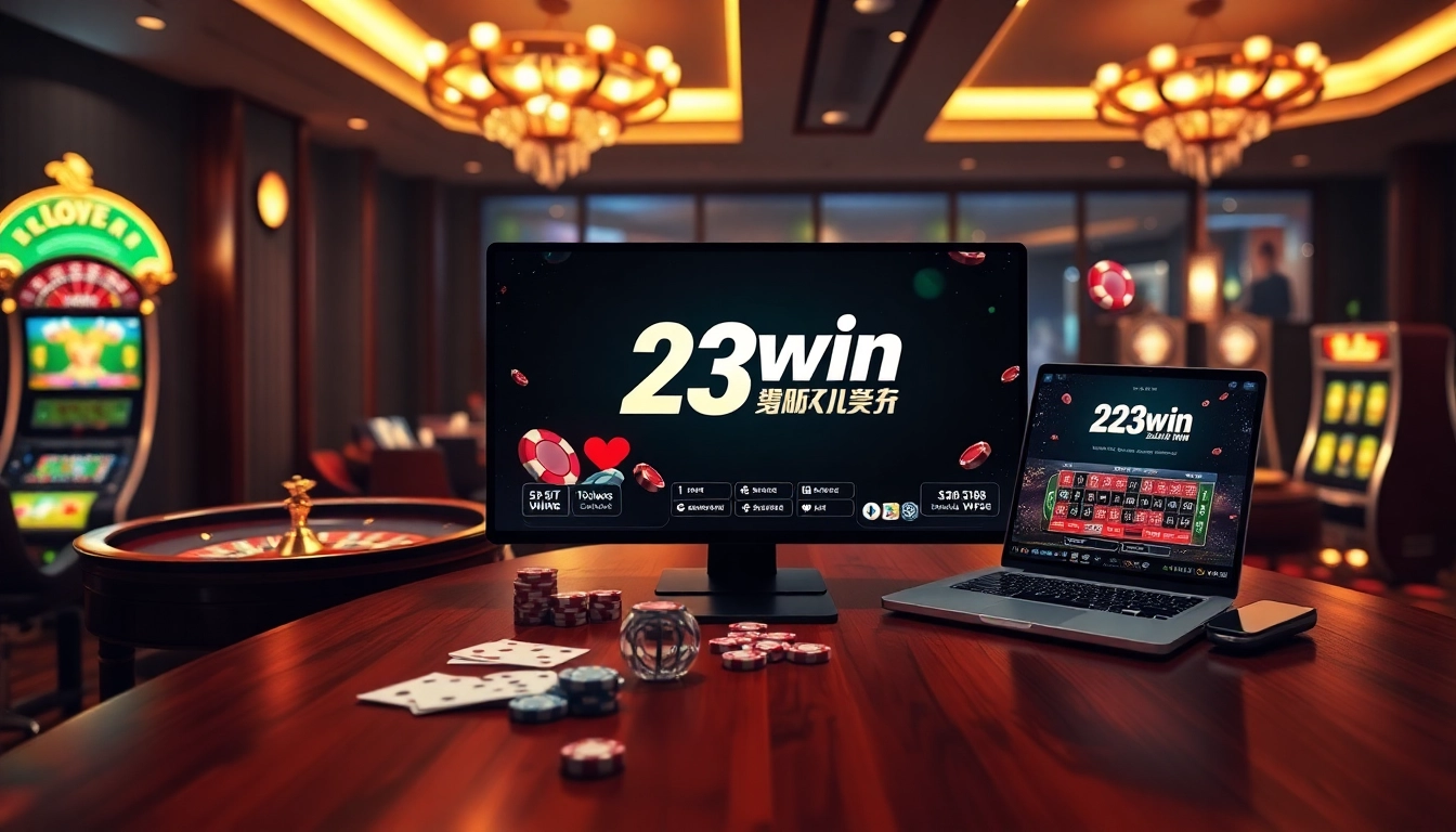 Gamblers enjoying vibrant online gaming on the 23win platform with poker chips and a roulette wheel.