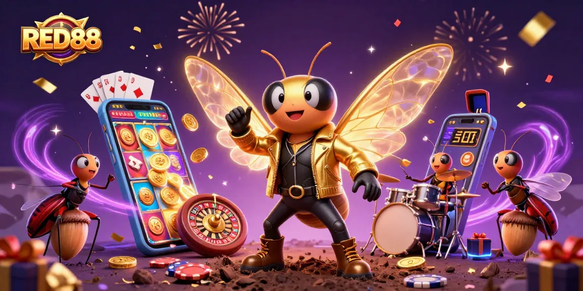 Engage with RED88, featuring a cicada rock star and dynamic casino elements in a vibrant 3D illustration.