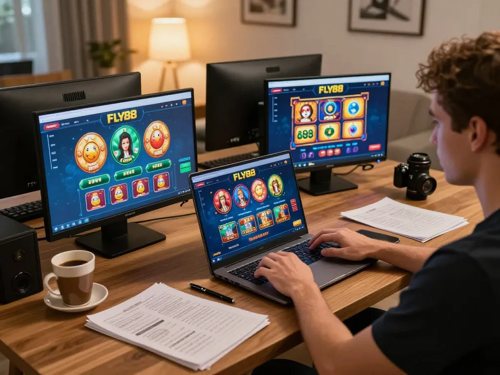 Engaging scene of a player immersed in online casino gameplay at FLY88, showcasing a modern home setup.
