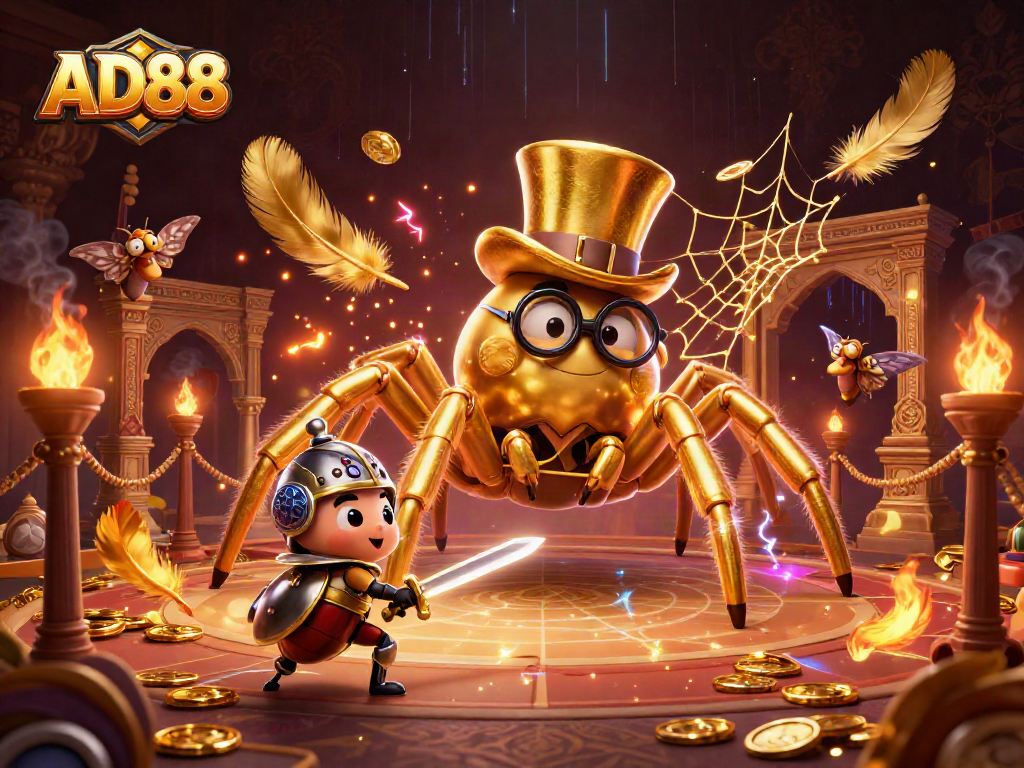Engage with AD88's thrilling casino atmosphere, featuring a vibrant golden tarantula and beetle knight.