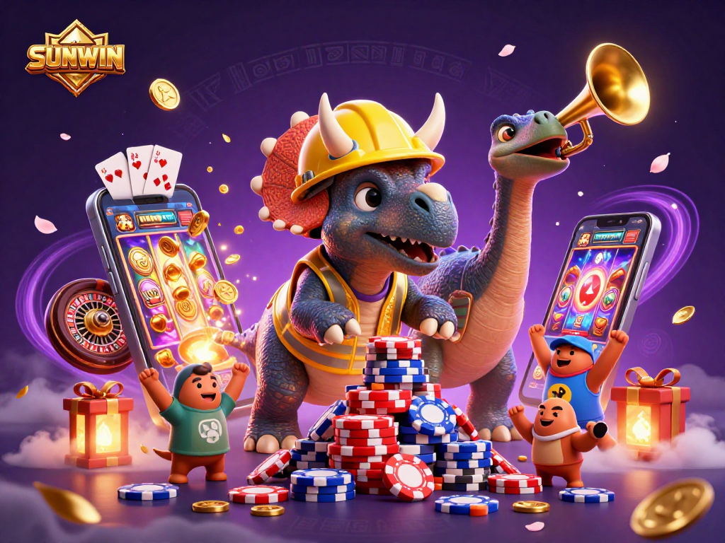 SUNWIN showcases an exciting scene with a colorful triceratops building poker chips in a vibrant gambling environment.