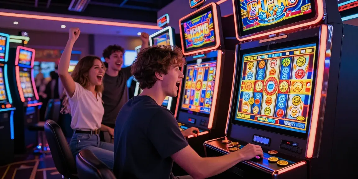 Slot mesin permainan dengan pemain bersemangat di ruang permainan.