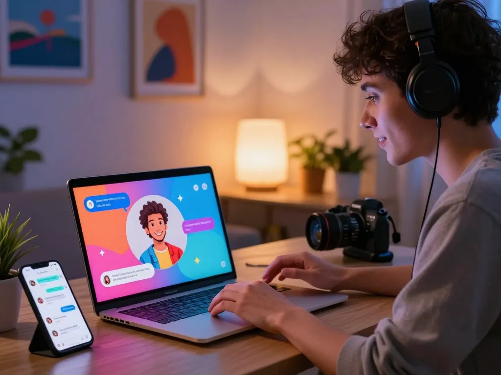 Engaging user interaction with spicy chat AI on a laptop in a cozy home office.