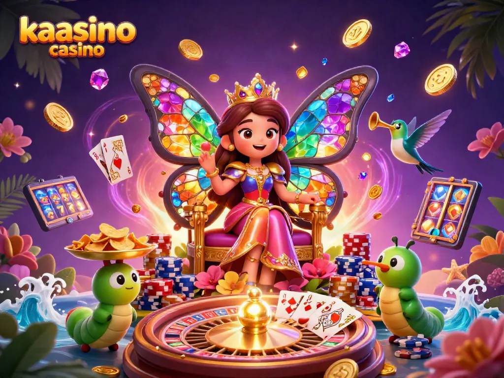 Kaasino casino offers vibrant gaming thrills with colorful characters, chips, and dynamic casino elements.