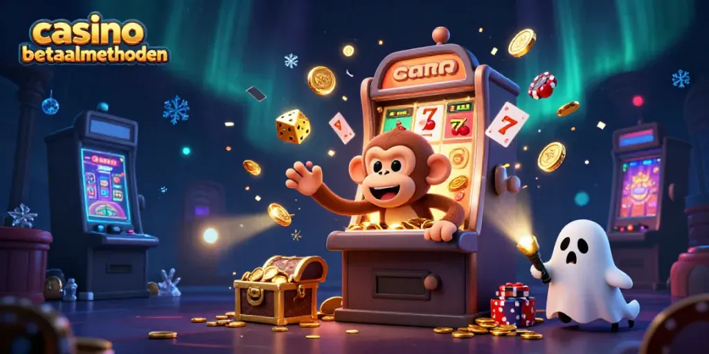 Engaging scene of casino betaalmethoden, depicting a playful poltergeist monkey juggling coins in a haunted casino.
