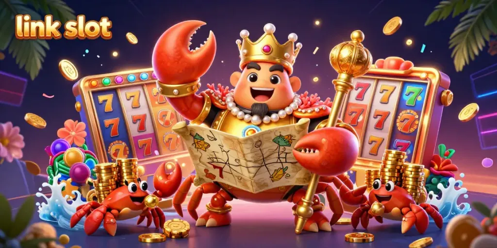 Engage with link slot through vibrant 3D casino art showcasing a golden crab emperor and exciting slot elements.