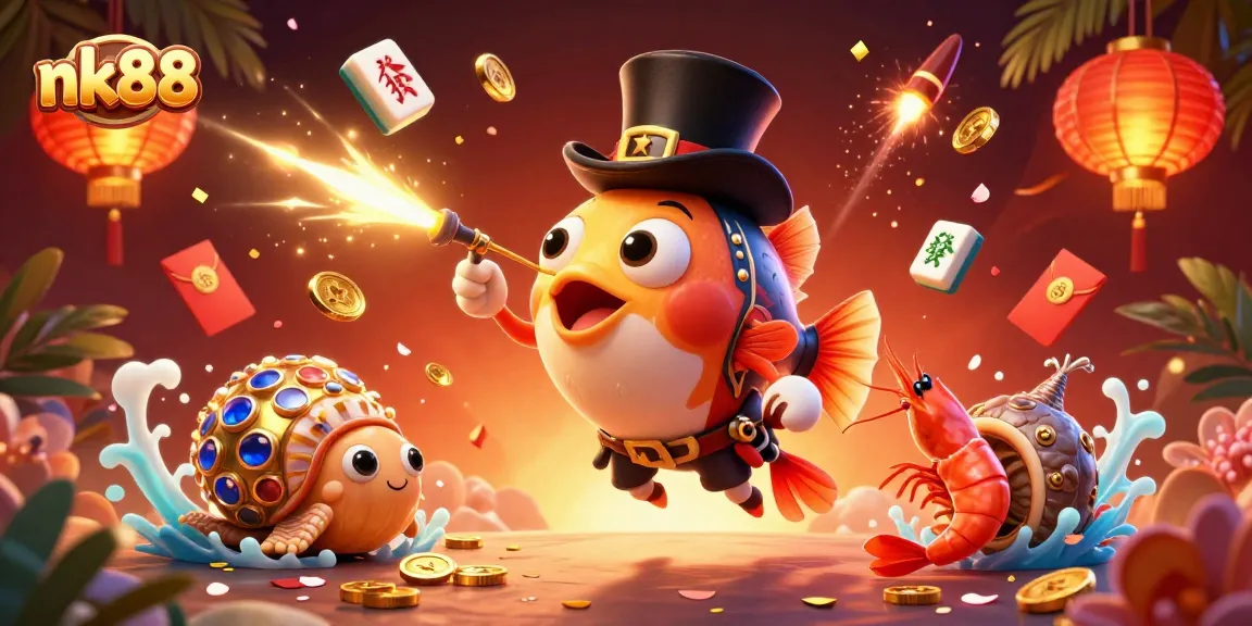 Win big with nk88 in this vibrant underwater casino scene featuring cartoon characters and golden treasures.