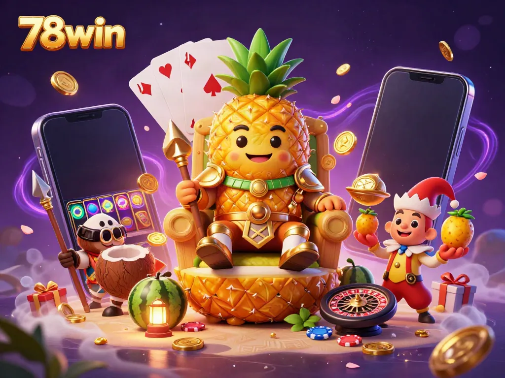 Experience vibrant gaming action with 78win's online casino, showcasing the crowned pineapple king amidst playful slots.