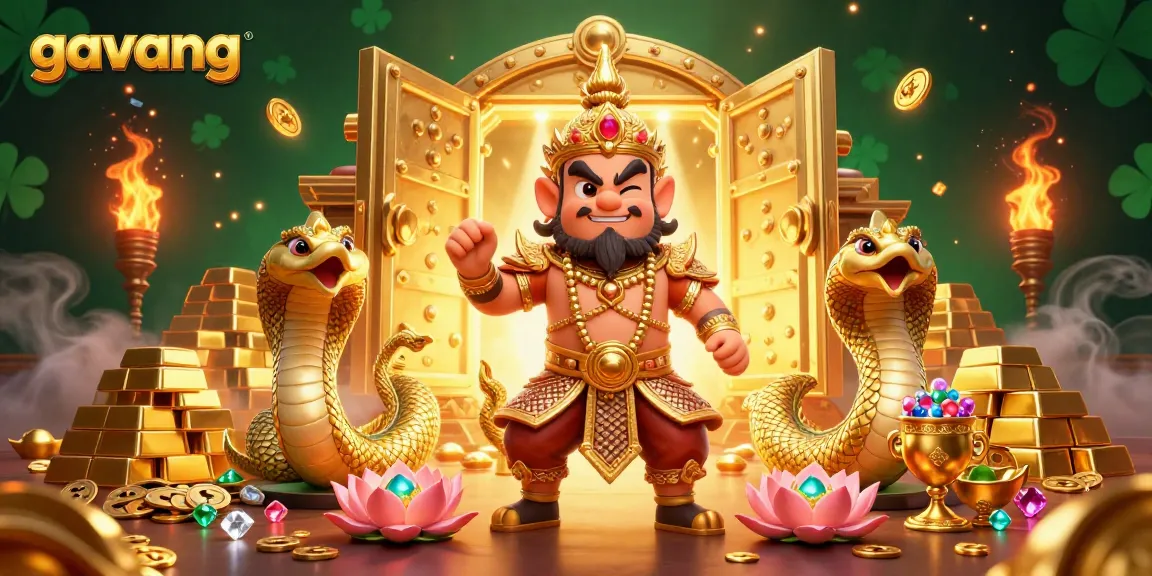 Join gavang in a vibrant casino adventure with golden treasures and dynamic game elements surrounding the characters.