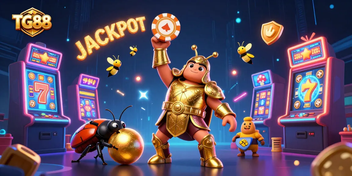 Spin the reels for big wins at TG88 with vibrant casino-themed 3D illustration showcasing a joyful beetle.