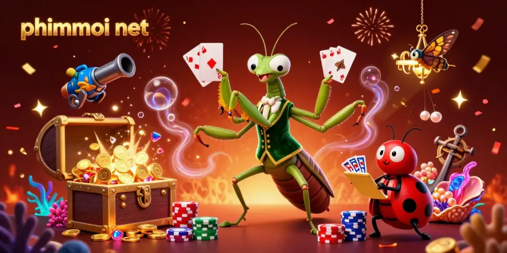 Enjoy thrilling gambling action with phimmoi net as a giant praying mantis and ladybug engage in a lively casino scene.